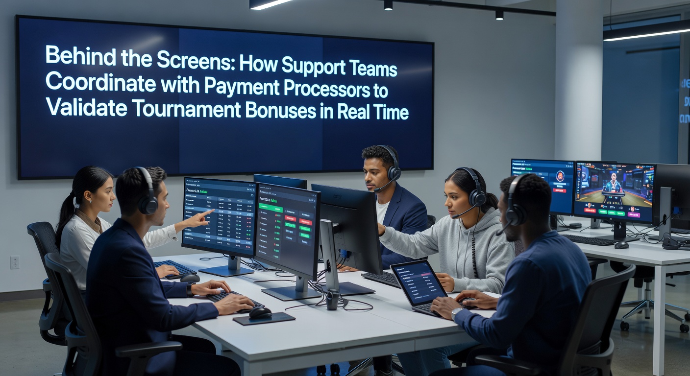 Support team dashboard showing real-time coordination with payment processors for tournament bonus validation