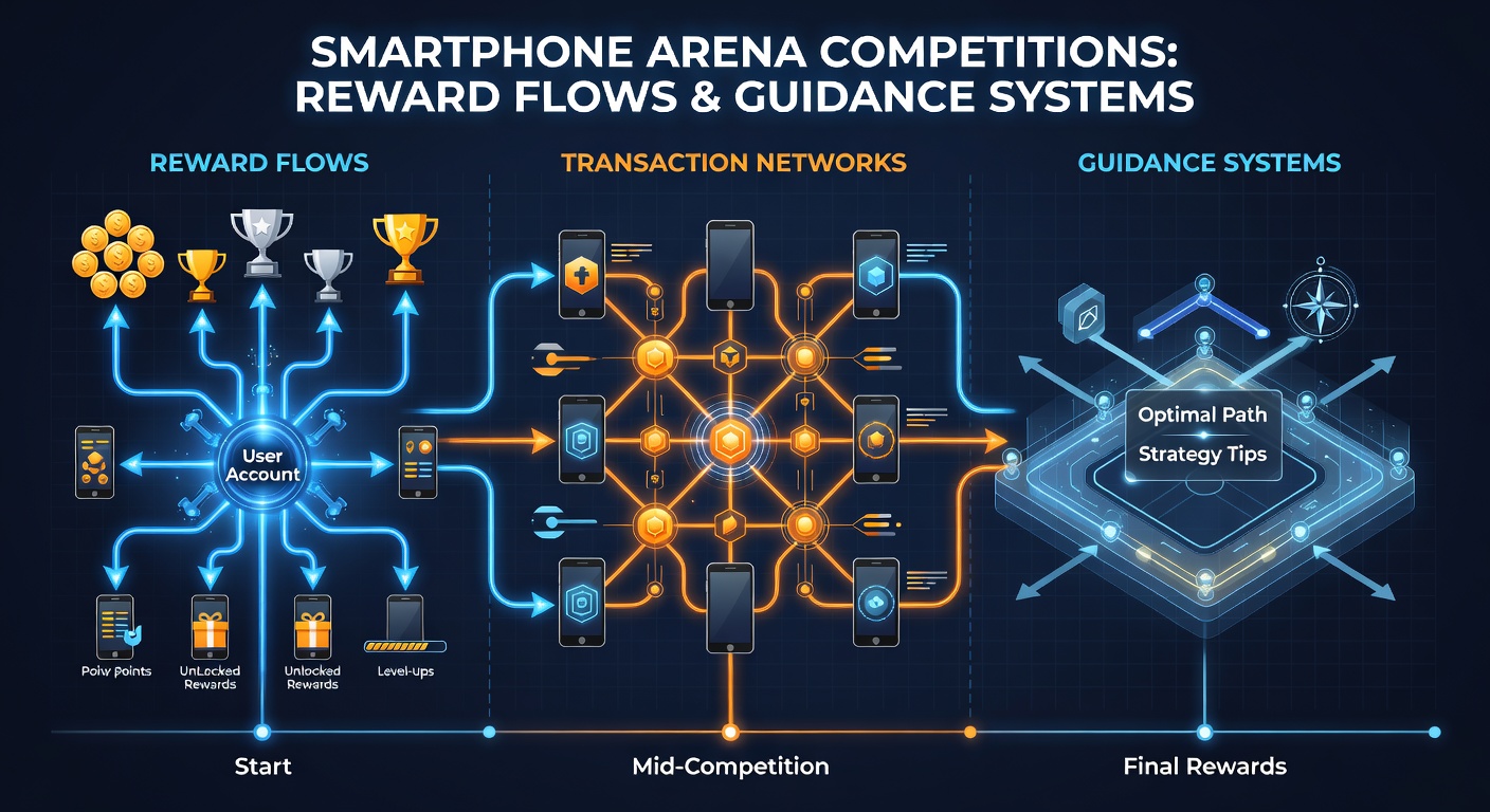 Visual diagram showing reward distribution paths and transaction connections across mobile competition platforms