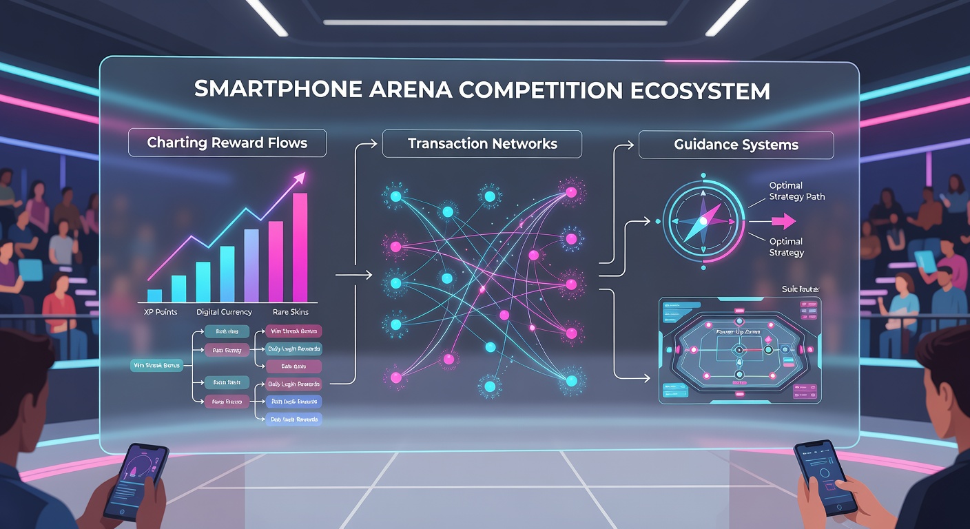 Illustration of secure transaction networks linking mobile devices to payment processors and support hubs in arena competitions