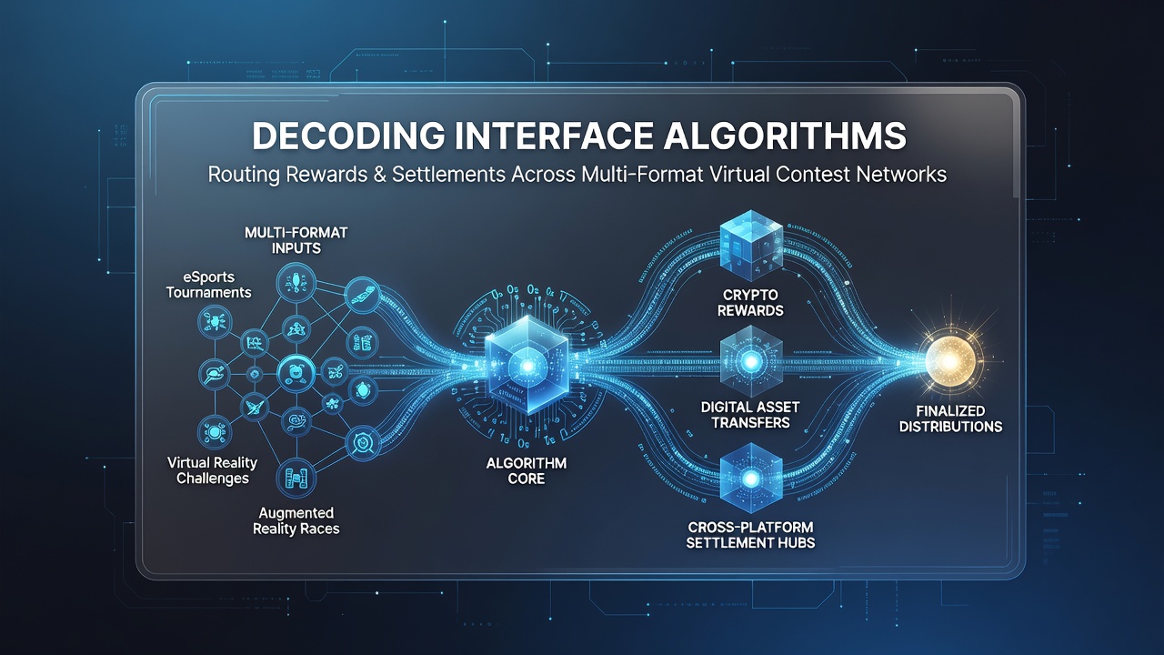 Diagram showing interface algorithms routing rewards through interconnected virtual contest platforms