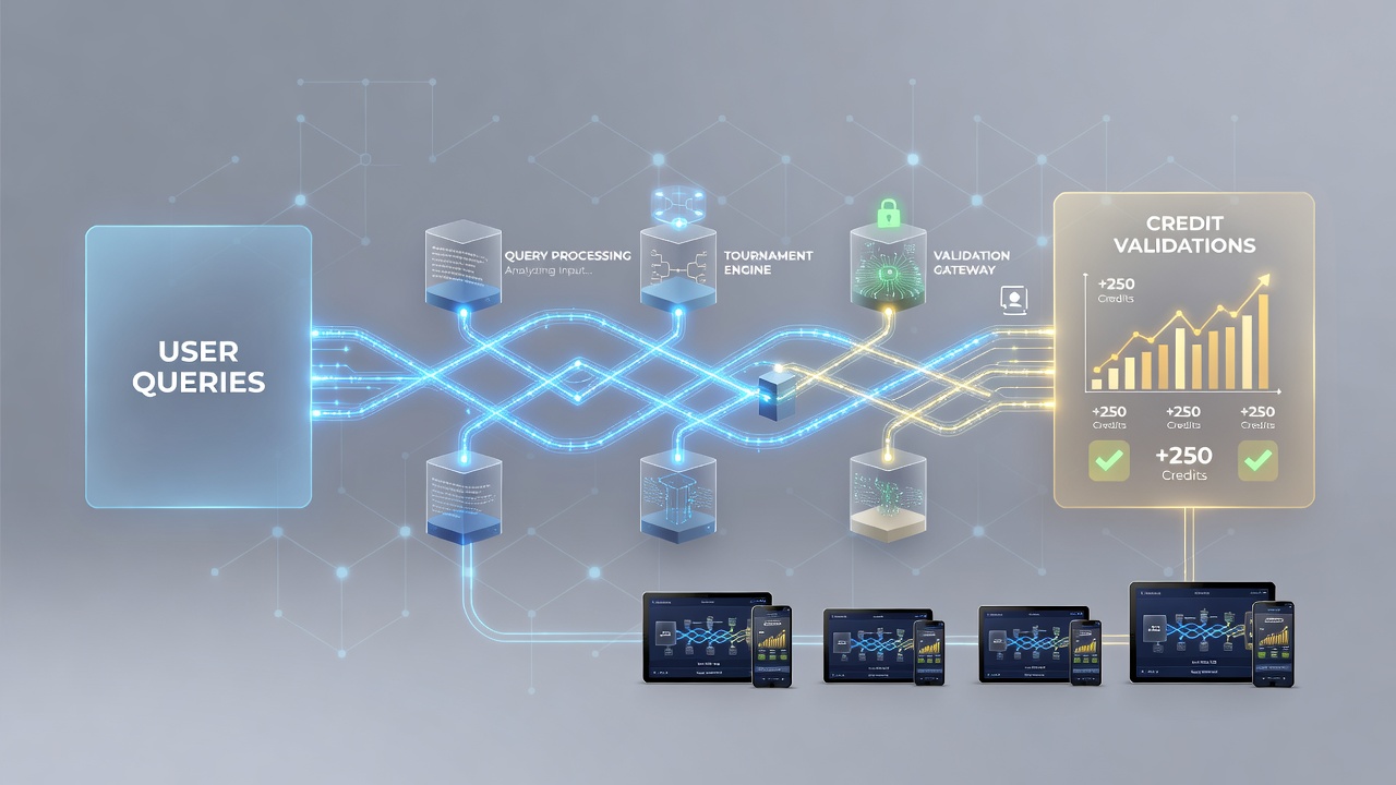 Illustration of credit validation process connecting mobile queries to tournament payouts and casino simulations