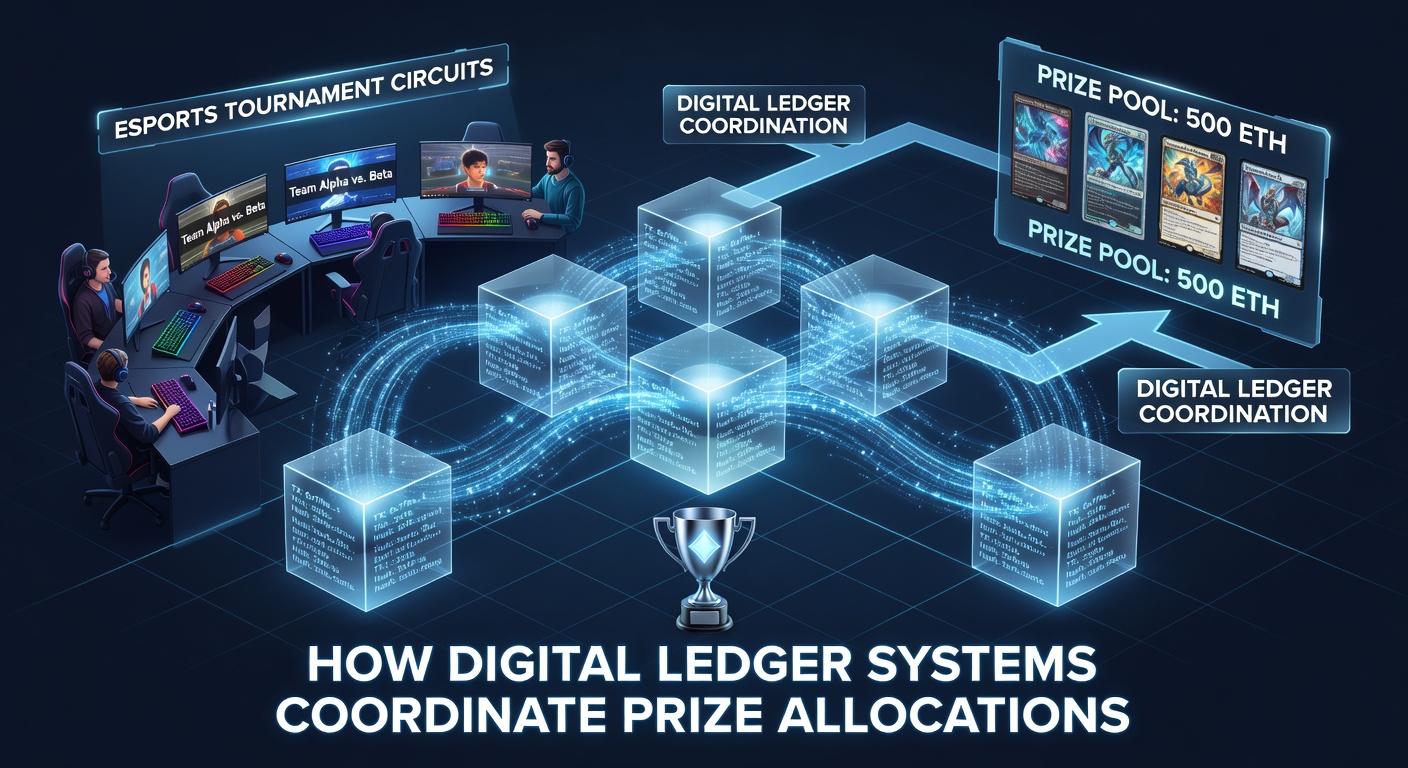 Digital ledger interface displaying prize distribution across esports tournament brackets and virtual card game sessions