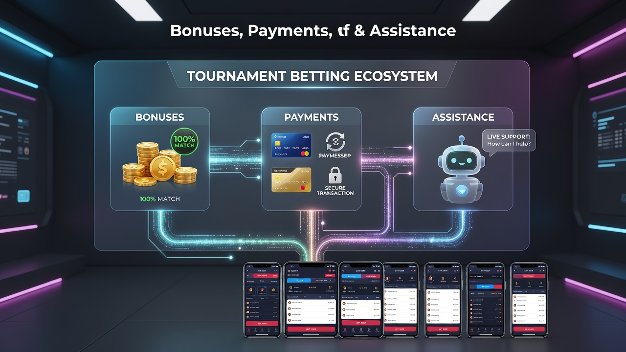 Smartphone displaying interconnected bonus, payment, and support interfaces in a tournament betting app