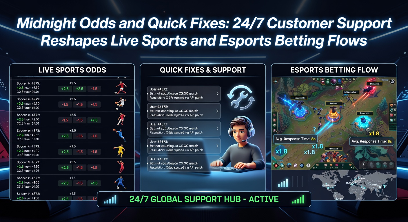 A vibrant digital dashboard showing live odds updating in real-time during a midnight esports match, with chat support icons glowing on the side