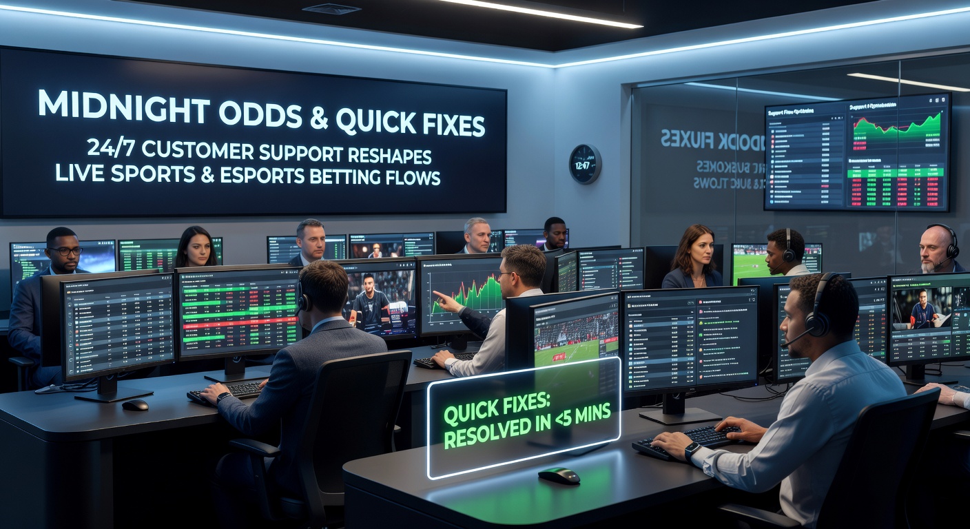 Support agents in a bustling 24/7 call center monitoring live betting screens, with esports and sports feeds visible on multiple monitors