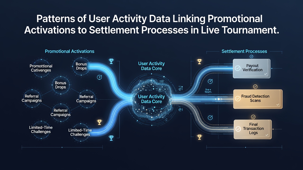 Flow diagrams illustrating connections between user activity logs, promotional redemptions, and real-time settlement confirmations in competitive gaming setups