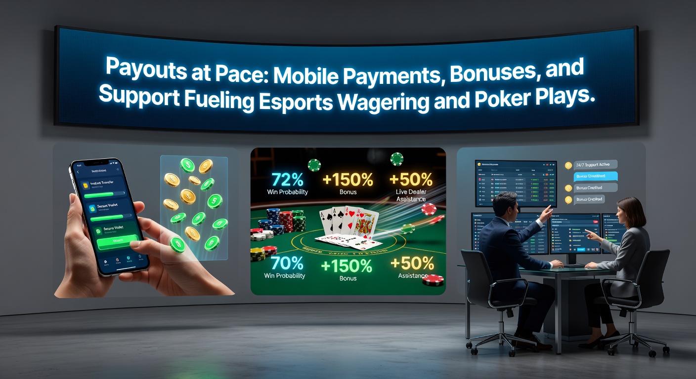 Dynamic split-screen view of a poker app showing a winning hand payout alongside an esports betting slip settling in real-time on a mobile device