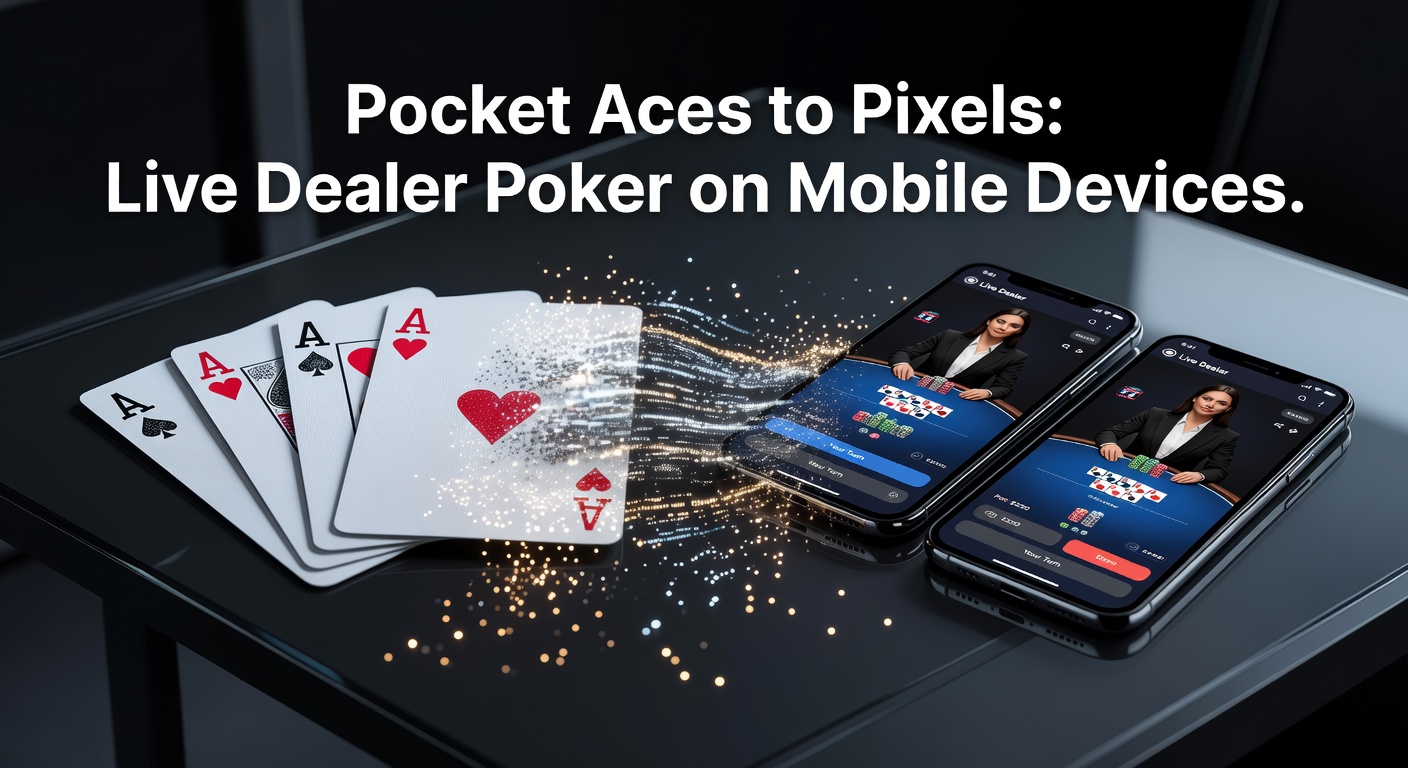 A mobile phone screen displaying a live dealer poker table with cards being dealt in real-time, surrounded by casino chips and a vibrant digital interface