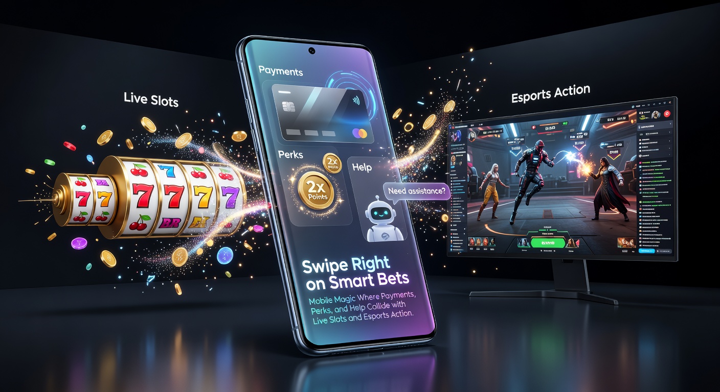 Smartphone screen displaying seamless mobile betting app with live slots spinning, esports match odds updating in real-time, and quick payment icons glowing alongside bonus notifications