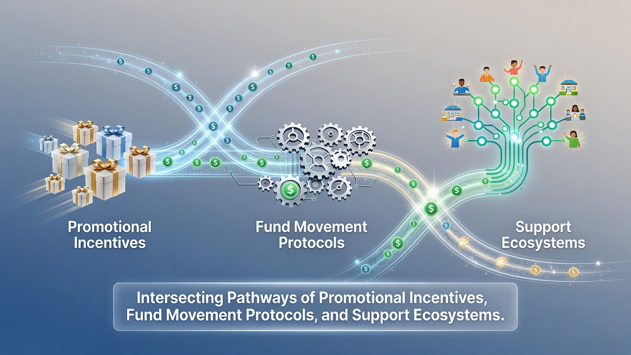 Network diagram illustrating data streams between promotional credits, transaction processors, and customer support teams in mobile esports arenas